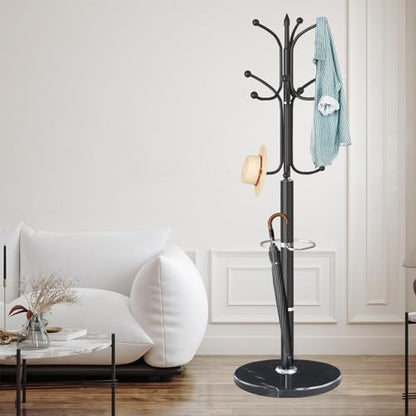 ZOZOE Metal Coat Rack Stand, Modern Coat Rack Freestanding with Natural Marble Base, Sturdy Coat Racks with 12 Hooks & Umbrella Holder,Black Coat Tree Hanger Stand for Bags,Hats,Entryway,Office - color: Black 12 Hooks