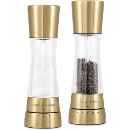Cole & Mason Derwent Matt Gold Salt and Pepper Mill Set – 7.5" Acrylic & Stainless Steel Grinder with Precision+ Carbon Steel & Ceramic Mechanisms, 6 Grind Settings - color: Gold