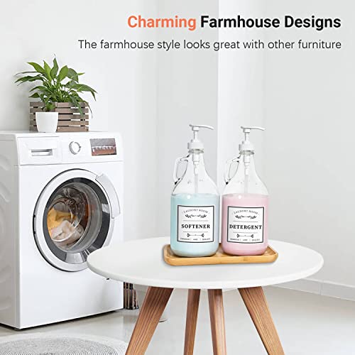 2 Pcs Glass Laundry Detergent Dispensers, 64 oz | Liquid Laundry Soap Dispenser for Laundry Room, Farmhouse Decor, with Pumps, Labels, Bamboo Tray, Funnel & Measuring Cups