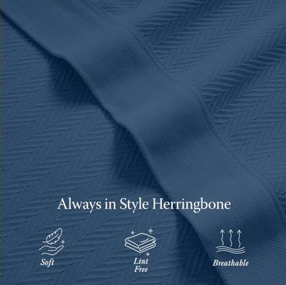 Threadmill Luxury Cotton Blankets for Twin Size Bed | All-Season 100% Cotton Twin Blanket for Bed | Herringbone Soft & Cozy Fall Thermal Blanket, 350GSM, 68x92 inches | Folkstone Blue | 100% Cotton, Herringbone Pattern, 350 GSM, 68x92 in, Breathable, All-