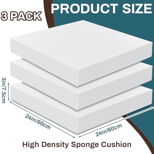 Frienda 3 Pack 3" x 24" x 24" Upholstery High Density Foam Cushion | 2.2 Density 50ild Replacement Square Cut to Size Foam Padding, Seat Couch for Patio Furniture Commercial Dinning Benches - size: 3 x 24 x 24 Inch