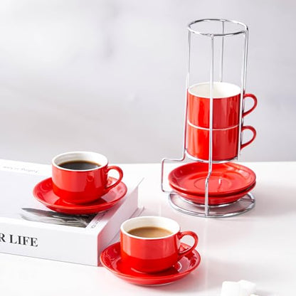2.5oz Espresso Cups Set of 4, Small Stackable Coffee Cups with Saucers and Metal Stand, Ceramic Demitasse Cups, Cappuccino Cups for Coffee Drinks, Latte, Red - color: Red, size: 2.5oz