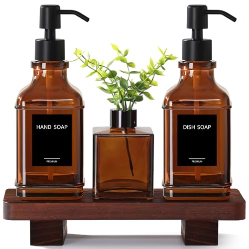 Modern Kitchen Soap Dispenser Set with Wood Tray, Amber Glass Soap Dispensers with Pump, Decorative Hand and Dish Soap Dispenser Set, Soap and Lotion Dispenser Upgrade for Kitchen and Bathroom Decor - color: Amber