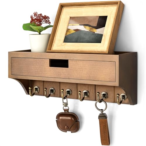 Rebee Vision Key Holder Wall Mount with Drawer for Home Decor, Brown | Key Holder for Wall, Mail Organizer, 6 Key Hooks, Drawer Organizer, Storage Drawer, Rustic Room Decor, Apartment Essentials - color: Brown, style: 1-Drawer
