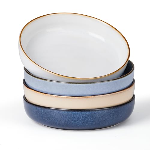 E-far 35oz Stoneware Pasta Bowls Set of 4, Double Reactive Glaze | Wide & Shallow Ceramic Pasta Plates for Serving Salad Soup Dinner, Dishwasher & Microwave Safe, Multicolor - color: Multicolor
