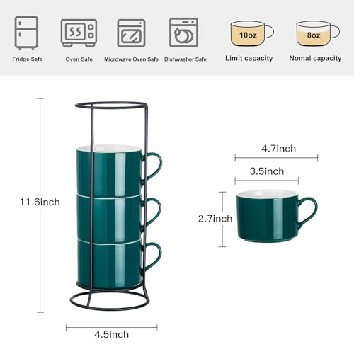 10oz Porcelain Stackable Coffee Mugs and Metal Stand Set of 4, Espresso Cups Set for Hot Drinks, Cappuccino, Tea-Green - color: Green
