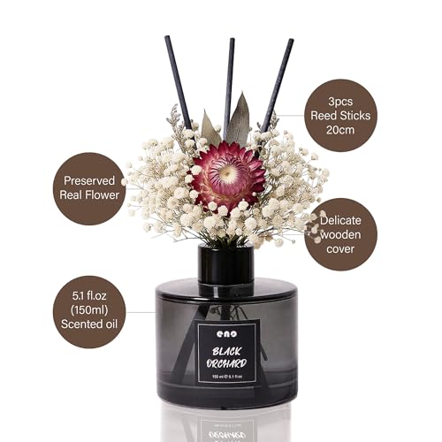 Reed Diffuser Set with Dried Flowers, 5.1 fl oz / 150ml, Black Orchard - Home Fragrance Diffuser with Sticks for Bathroom Shelf Decor, Bedroom, Office & Gift