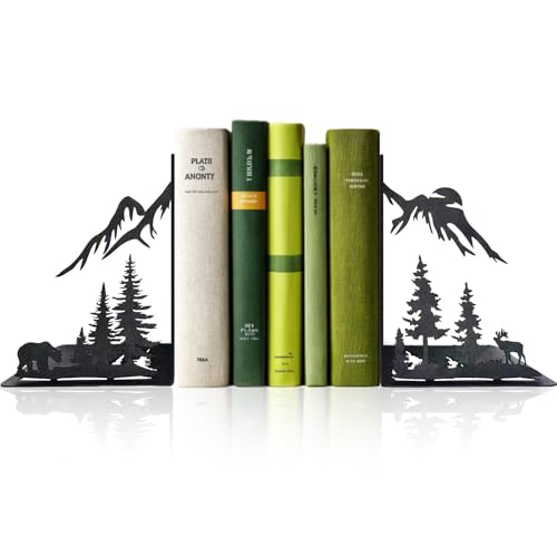 Mountain Forest Book Ends Decorative for Shelves, Cute Metal Bookends for Heavy Books, Unique Laser Cut Book Holders, Black Book Stopper for Home Office, Decorative Bookends for Shelf Decor - color: Forest