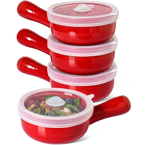 LE TAUCI Soup Bowls with Silicone Lids and Handles, 15 Oz French Onion Soup Bowls, Non-Toxic Ceramic Soup Crocks for Noodles, Stew, Cereal and Chilli, Oven Microwave Dishwasher Safe, Set of 4, Red - color: Red