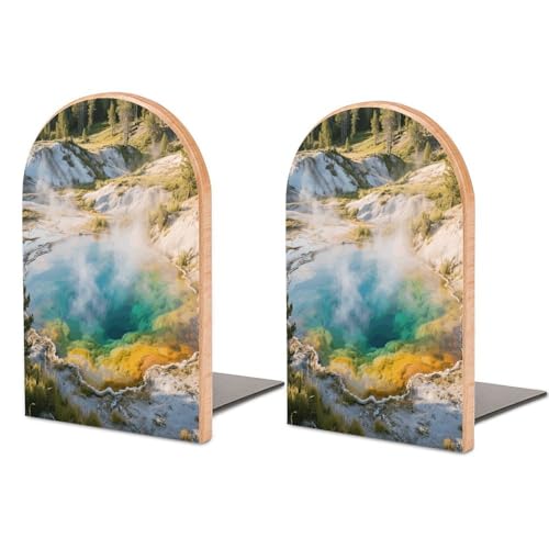 Personalized Wood Book Ends Metal Base Colorful Geothermal Pool Printing Bookend Modern Heavy Duty Bookends for Home Or Office 1 Pair - color: Colorful Geothermal Pool