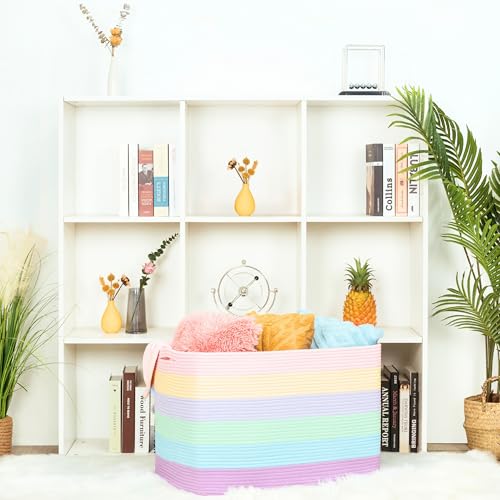 112L Extra Large Blanket Basket Holder Living Room, 25"x17"x16" Rectangle Rope Woven Storage Basket with Handles for Laundry, Towels, Shoes, Dog Toy Organizer Bin Box, Pastel Rainbow