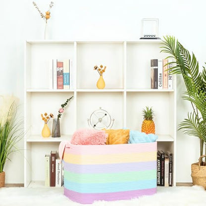 112L Extra Large Blanket Basket Holder Living Room, 25"x17"x16" Rectangle Rope Woven Storage Basket with Handles for Laundry, Towels, Shoes, Dog Toy Organizer Bin Box, Pastel Rainbow
