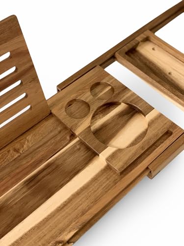 Premium Acacia Wood Bathtub Caddy | Adjustable Wooden Bath Tray | Book & Tablet Holder with Wine Glass Slot | Luxury Spa Gift for Her & Him