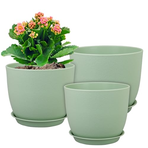 WSMKSZ Medium Plant Pots 10/9/8 inch, Flower Pots for Indoor Outdoor Plants, Set of 3 Modern Decorative Plastic Planters with Drainage Holes and Saucers for House Porch Garden Plants, Green - color: Green, size: 10"+9"+8"