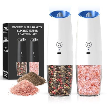 Rechargeable Gravity Salt Pepper Grinder Set, 2 Pack (White) | Gravity Rechargeable Grinder With Led Light & Adjustable Coarseness, No Extra Batteries Needed For Kitchen Seasoning - color: Rechargeable/2pcs/White