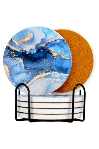 Ceramic Drink Coasters Set of 6 with Holder, Absorbent Coasters with Cork Backing for Coffee Table, Surface Protection, Home Decor and Housewarming Gift (Galaxy Night) - color: Galaxy Night