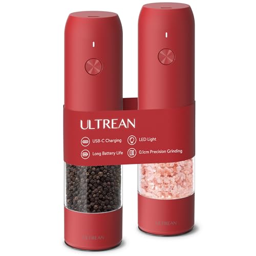 Ultrean Pepper Grinder, Rechargeable Salt and Pepper Grinder with 6 Adjustable Coarseness, LED Light, Automatic Salt and Pepper Shakers, Cooking Gifts Valentines Day Gifts for Women, Crimson Red - color: Crimson Red