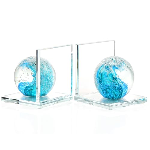 Glass Book Ends with Turquoise Hand Blown Sea Wave Ball, Set of 2 | Book Ends for Shelves Decorative, Cool, Crystal, Nautical, Ocean, Heavy, Coastal Bookends Modern Bookends - color: Light Blue+green