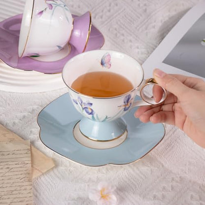 KAMMAK Ceramic Coffee Cups Saucers Set of 2, Porcelain Espresso Cups with Saucers, 8.45 oz Handcrafted Elegant Bone China Tea Cups, Iris Flower & Butterfly Pattern Teacup for Party, Office, Gift - color: Flying Summer Kite (Light Blue + Pink)