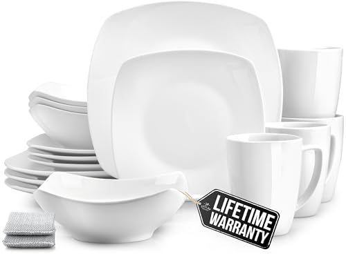 Zulay Kitchen Luna Plates and Bowls Sets, 16 Piece Modern Porcelain Dish Set for 4, Chip and Scratch Resistant Square Dinnerware Set, Microwave and Dishwasher Safe, Pearl White - color: Alpine White, size: Service for 4
