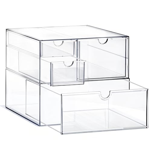 Prsildan Acrylic Drawer Makeup Organizer with 4 Drawers, Set of 2 | Clear, Baby Bottle Storage, For Vanity Countertop Bathroom Cosmetic Office Desk, Craft Jewelry Art Supply Organization - size: 4 Drawers