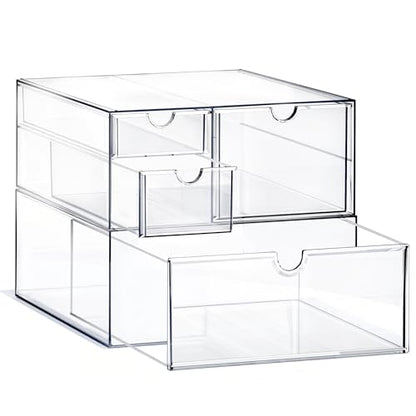 Prsildan Acrylic Drawer Makeup Organizer with 4 Drawers, Set of 2 | Clear, Baby Bottle Storage, For Vanity Countertop Bathroom Cosmetic Office Desk, Craft Jewelry Art Supply Organization - size: 4 Drawers