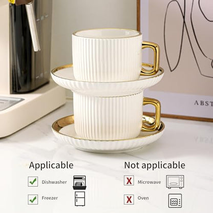 LETAOTAO Cappuccino Cups with Saucers, 8oz Ceramic Coffee Cups with Saucers Set, Latte Art Coffee Mugs with Gold Trim, Tea Cups Set of 4, British/Italian Coffee cups for Cafe Mocha, Double Espresso - size: 8 Ounces