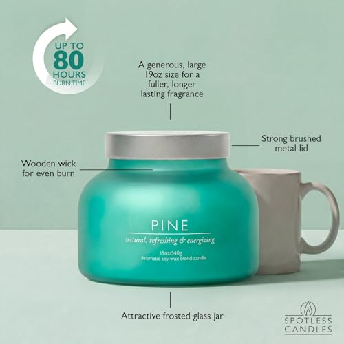 Pine Volcano Candle 19oz: 80-Hour Burn, Natural Refreshing Pine Scent, Hybrid Soy Wax, Crackling Wood Wick, Teal Matte Glass Jar, Gold Foil Gift Box by Spotless Candles - color: Pine 19, size: 19oz