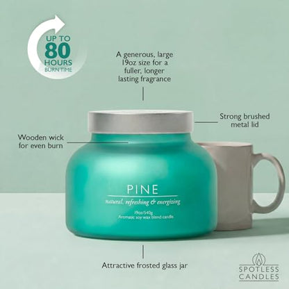 Pine Volcano Candle 19oz: 80-Hour Burn, Natural Refreshing Pine Scent, Hybrid Soy Wax, Crackling Wood Wick, Teal Matte Glass Jar, Gold Foil Gift Box by Spotless Candles - color: Pine 19, size: 19oz