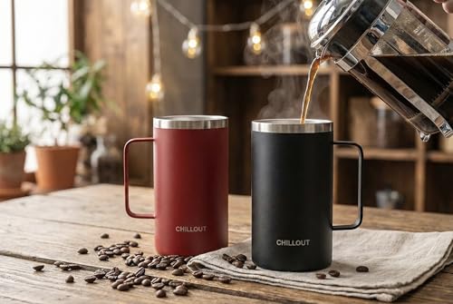 CHILLOUT LIFE Stainless Steel 20 oz Vacuum Insulated Coffee Mug with Handle and Lid, Large Thermal Camping Coffee Mug Cup with Durable Sliding Lid for Men & Women, Keeps your Beverages Hot/Cold - color: Cherry Red, size: 20 Ounces
