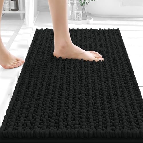 OLANLY Small Bathroom Rugs 24x16, Thick Soft Absorbent Chenille Bath Rugs | Black, Shaggy Bath Mat with Quick-Drying Rubber Backing, Machine Washable for Floor, Tub and Shower, Home Decor Accessories - color: Black, size: 24" x 16"