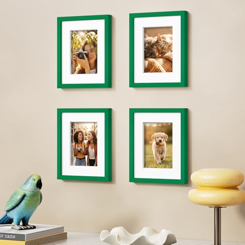 Vittanly Solid Wood 8x10 Picture Frames Set of 4, Green | 5x7 Picture Frame with Mat, Gallery Wall Frame Set, 8 x 10 Frame for Wall & Tabletop Display, Family, Pet, Christmas - color: Green, size: 8x10