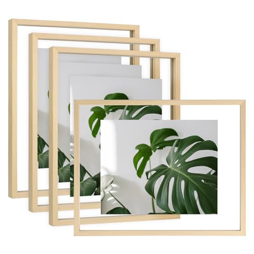 Egofine 11x14 Floating Frames Set of 4, Double Plexiglass Picture Frame, Made of Solid Wood Display Any Size Photo up to 11x14, Wall Mount or Tabletop Standing, Natural Wood - color: Natural Wood, size: 11x14 Set of 4
