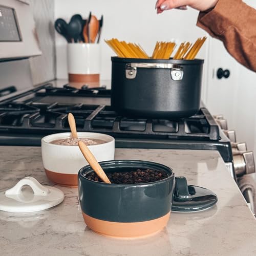 Mora Ceramic Salt and Pepper Cellar Set with Lid - 10 oz Modern Canister/Container/Bowl for Storage, Sea Salt, Spice, Sugar, Countertop - Small Dish/Jar with Wood Spoon, Black & White Crock - color: Charcoal & White