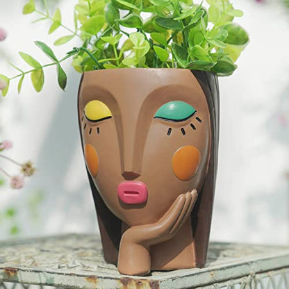 Saysmile Face Planter Pots for Indoor Plants, Resin Head Planter Succulent Planter Flower Planter Cute Girl Head Pots with Drainage Hole - Painted Thinking Girl Closed Eyes - color: Thinking - Painted