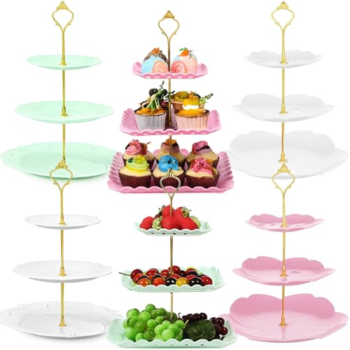6 Pcs 3 Tier Cupcake Stand Tea Party Trays 3 Tier Serving Tray Plastic Dessert Stand Cake Fruit Candy Display Tower for Wedding Birthday Tea Party (Round,Sakura,Square,White,Pink,Green) - color: White,pink,green, size: Round,Sakura,Square