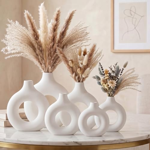 6 Pcs White Boho Vase for Pampas Grass Plastic Modern Donut Flower Vase Minimalist Nordic for Wedding, Boho Party Decoration, Home Table Centerpiece, Floral Arrangements Living Room Decor