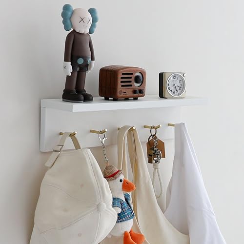 Wall Mounted Coat Rack with Shelf & Key Hooks, 5 Brass Hooks Entryway Organizer, Modern Floating Shelf for Bedroom Hallway, Space-Saving Home Storage Rack (1, White) - color: White