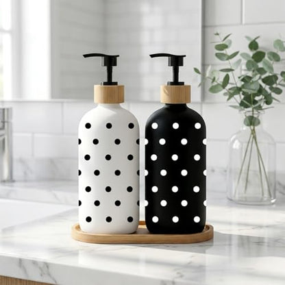 Whaline Dot Soap Dispenser Set Glass Soap Dispenser with Pump and Wooden Tray Refillable Liquid Container for Hands Dishes Party Home Kitchen Bathroom Decor (Black & White)