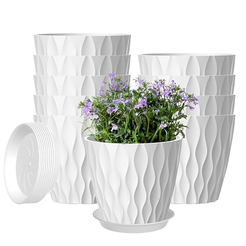 10 Pack 5 Inch Plant Pots with Drainage and Saucers, White Plastic Flower Pots for Indoor and Outdoor Plants, Stackable Nursery Planters for Houseplants and Herbs, White - color: White, size: 10 Pack 5 Inch