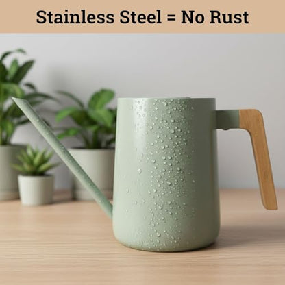 Metal Small Indoor Watering Can with Long Spout & Real Wood Handle, 35oz | Long Spout, Stainless Steel, Real Wood Handle, Gentle Flow, No Spills, Suitable for House Plants, Succulents & Seedlings - color: Sage Green