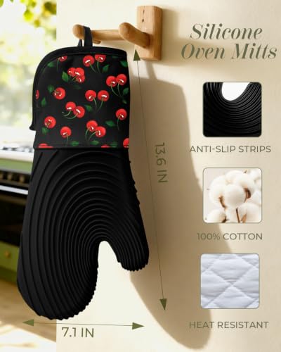 Slohif Long Silicone Oven Mitts Heat Resistant for Women - 2 Pcs Y2K Cherry 100% Cotton Oven Gloves, Non-Slip and Waterproof Silicone Oven Mitts with Hanger for Baking and Cooking - color: Black Red