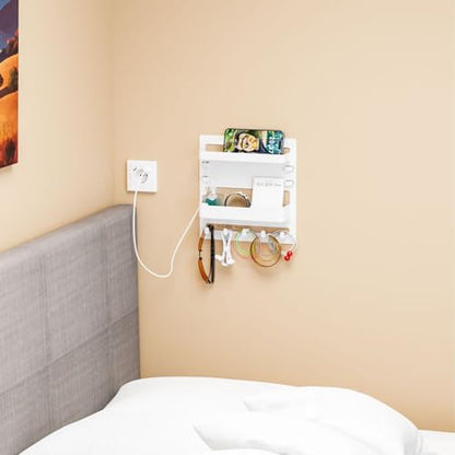 Bedside Wall Organizer for Dorm Bed,Rv,Small Room and Nightstand,Wall Mounted Floating Shelves and Bedside Shelf for Remote,Phone Holder,Charging Shelf,Cute Bedroom Decor for College Girl,White