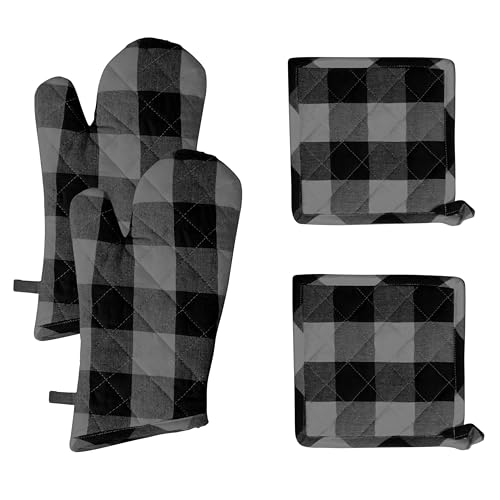 Native Fab Buffalo Plaid Check Oven Mitts and Pot Holders Set of 4, 100% Cotton Heat Resistant Kitchen Gloves, 2 Oven Mitts (7x13), 2 Pot Holders (8x8) for Cooking & Baking, Ash Grey Black - color: Buffalo, Light Grey & Black