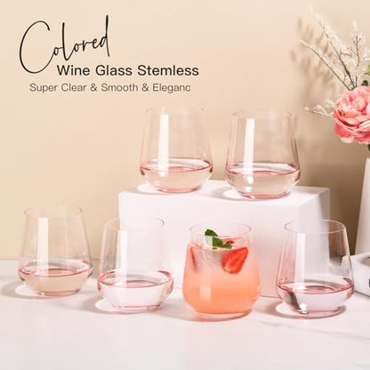 JOVGANK Pink Stemless Wine Glasses Set of 6 - Hand Blown White Red Stemless Wine Glass - 17 oz, [Lead-Free Crystal Glass] Large Short Glass Tumblers, Housewarming Gifts and Mother's Day Gift - color: Pink