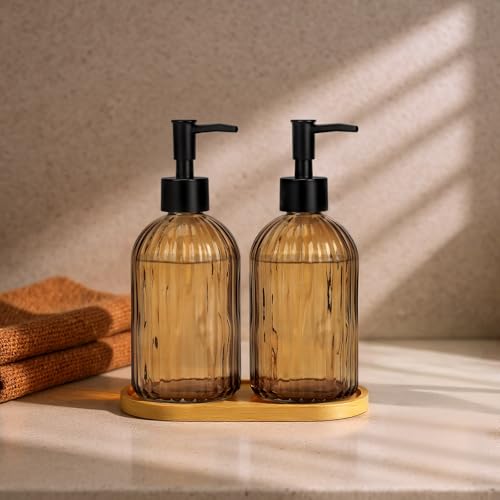 Glass Soap Dispenser Set with Wood Tray, Glass Soap Dispenser with Plastic Pump, Hand and Dish Set for Bathroom Decor (Amber)