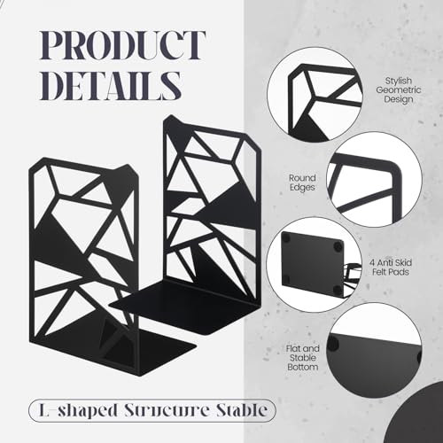 Feifeiya 6 Pairs Decorative Book Ends Metal Bookends for Shelves Black Metal Heavy Duty Book Ends Holder Supports Stoppers for Home Office School, 6.9x4.9x3.5”(Geometrical) - style: Geometrical
