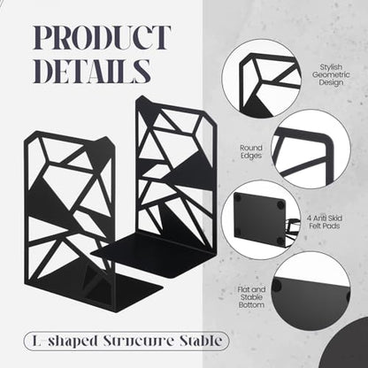 Feifeiya 6 Pairs Decorative Book Ends Metal Bookends for Shelves Black Metal Heavy Duty Book Ends Holder Supports Stoppers for Home Office School, 6.9x4.9x3.5”(Geometrical) - style: Geometrical