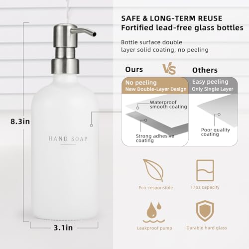 Glass Soap Dispenser - Dish Soap Dispenser for Kitchen and Hand Soap Dispenser Set, Bathroom Soap Dispenser with 304 Rust Proof Pump, Soap Dispenser for Kitchen with Tray, White Bottle/Silver Pump - color: White Bottle/Brushed Silver Pump + Tray + Funnel