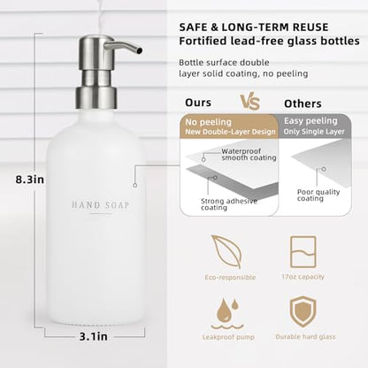 Glass Soap Dispenser - Dish Soap Dispenser for Kitchen and Hand Soap Dispenser Set, Bathroom Soap Dispenser with 304 Rust Proof Pump, Soap Dispenser for Kitchen with Tray, White Bottle/Silver Pump - color: White Bottle/Brushed Silver Pump + Tray + Funnel